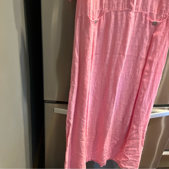 FOCUS PINK linen V-Neck long DRESS Pearl Buttons Gauzy Beach Lagenlook USA made - Picture 7 of 16